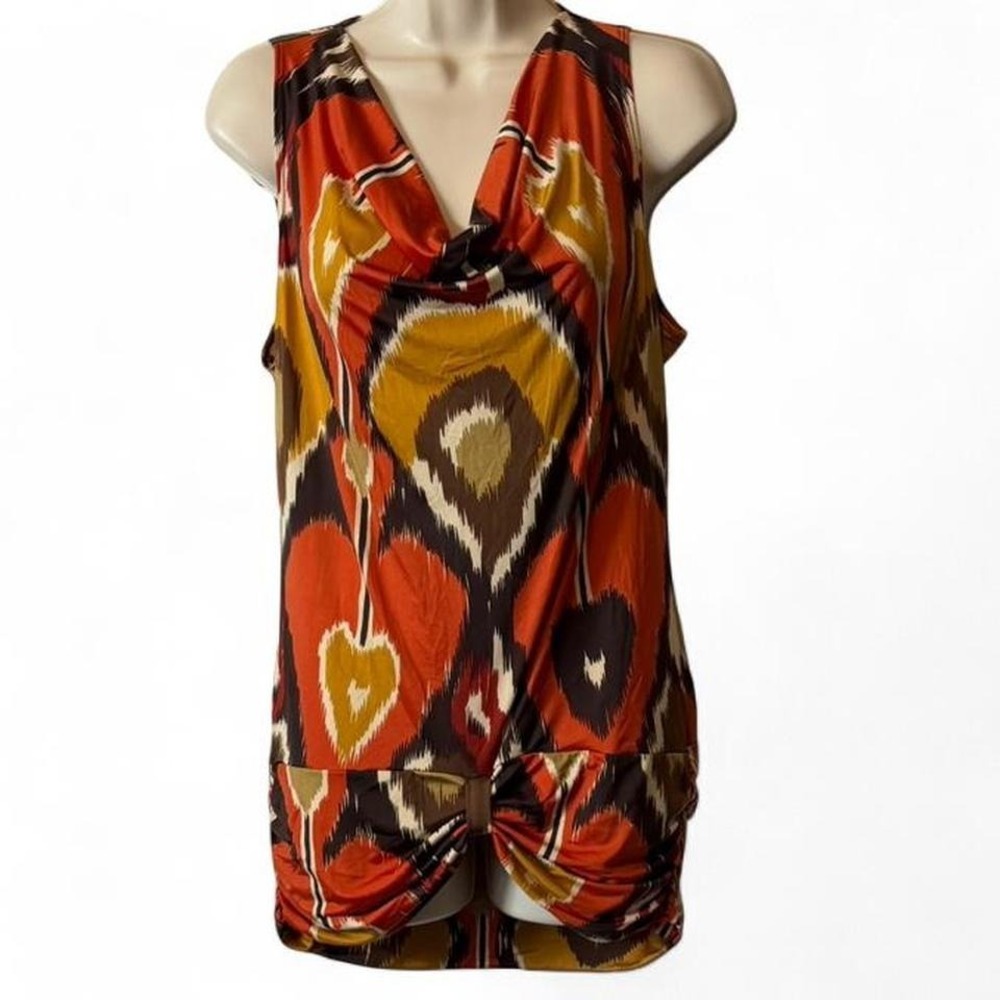 Vintage Y2K Namuu Orange & Brown Ikat Cowl Neck Twist Front Blouse, Women's Sz L